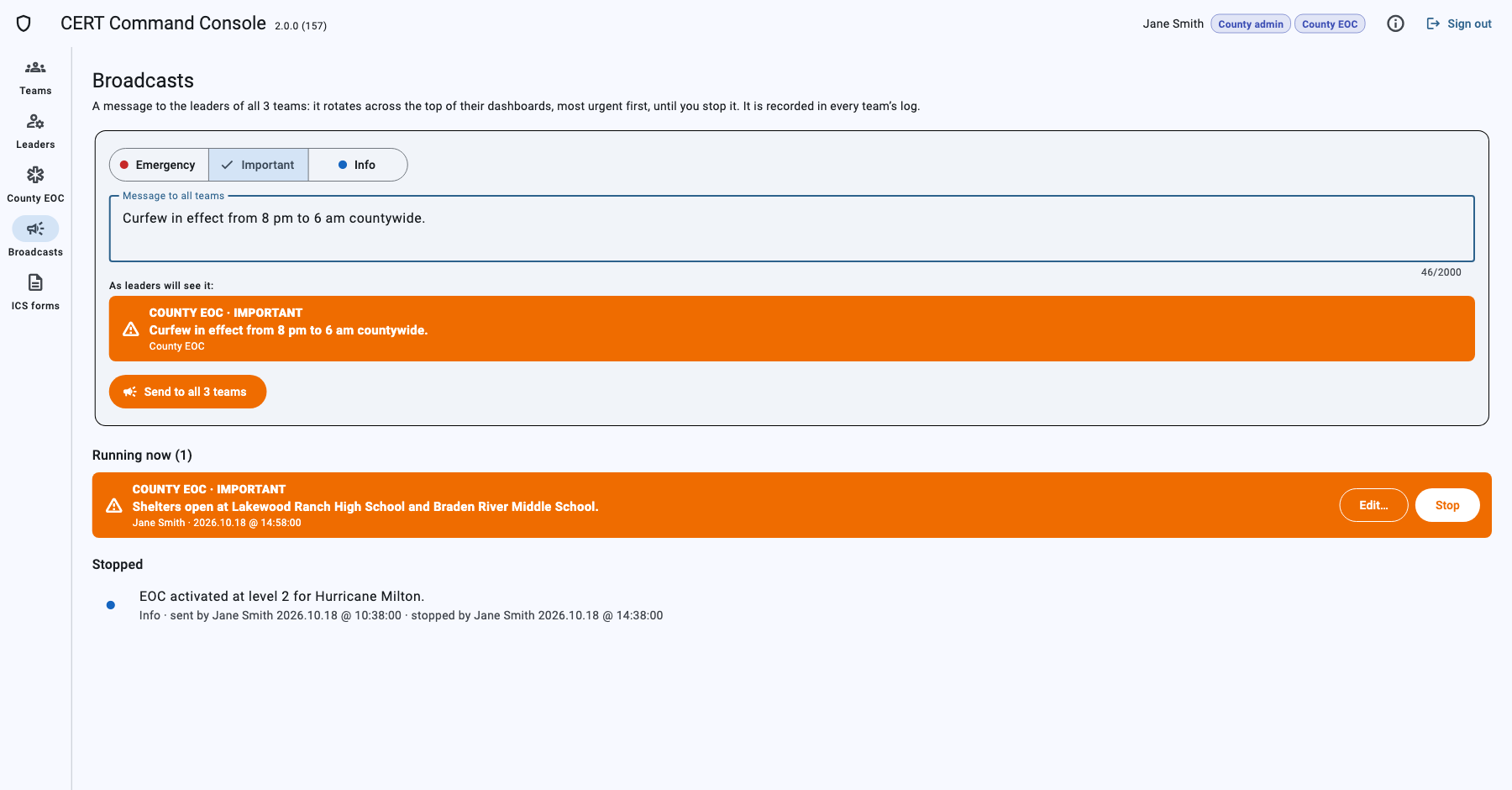 Broadcasts page with a preview