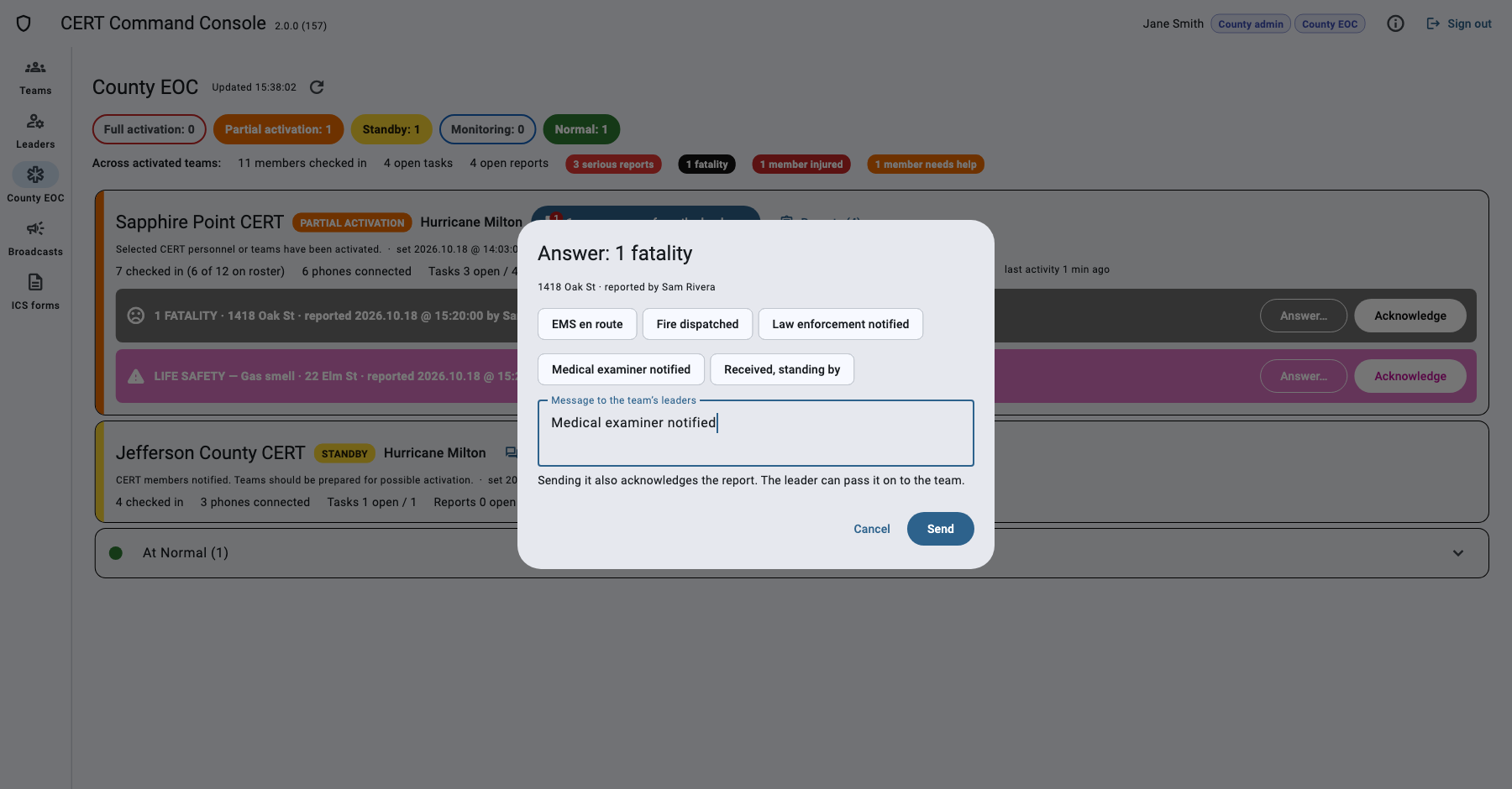 Answer a report dialog with quick answers