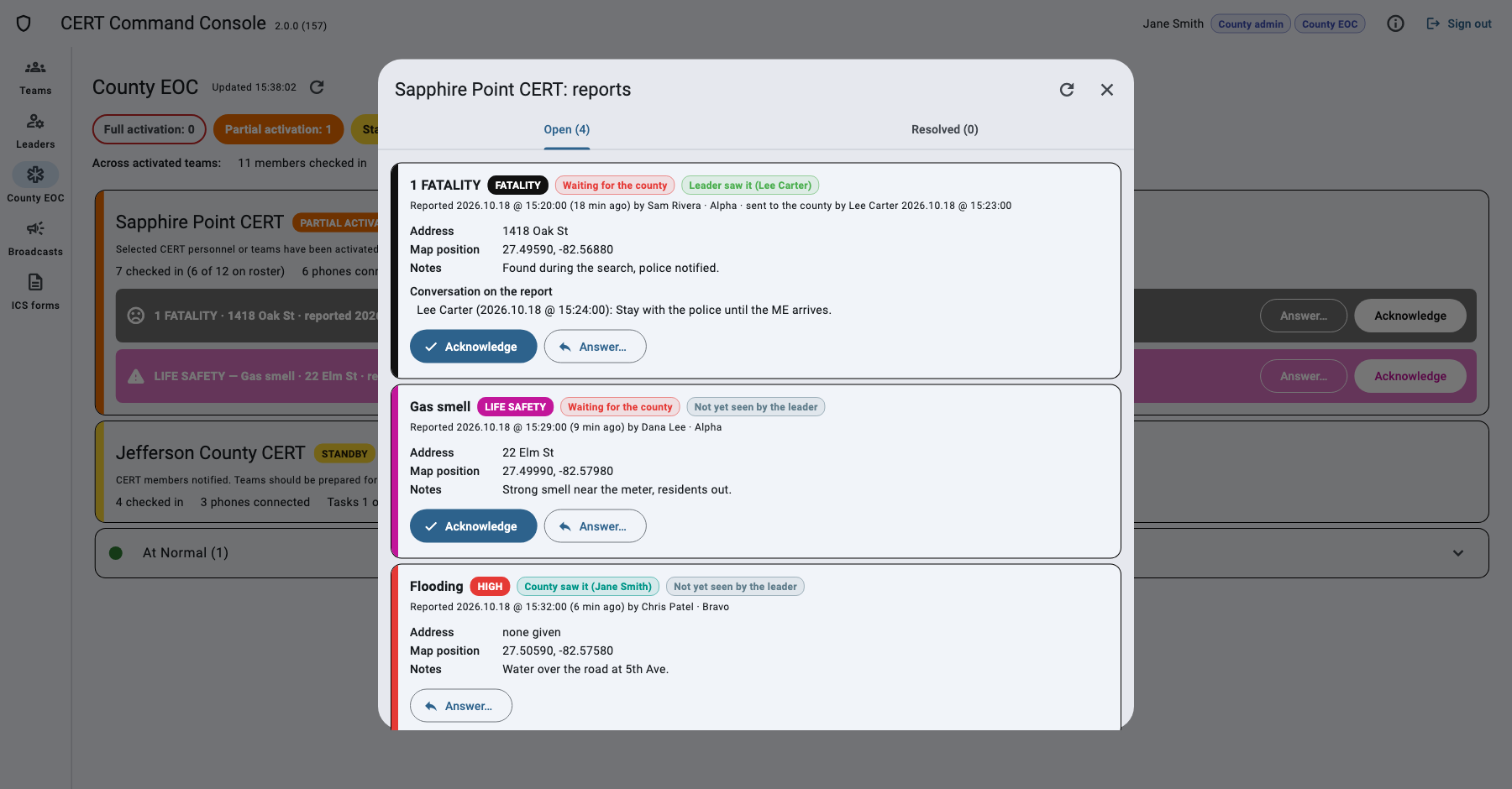 A team's reports in the console