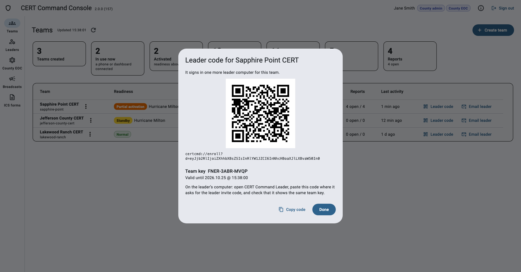 Leader code dialog with QR code and team key