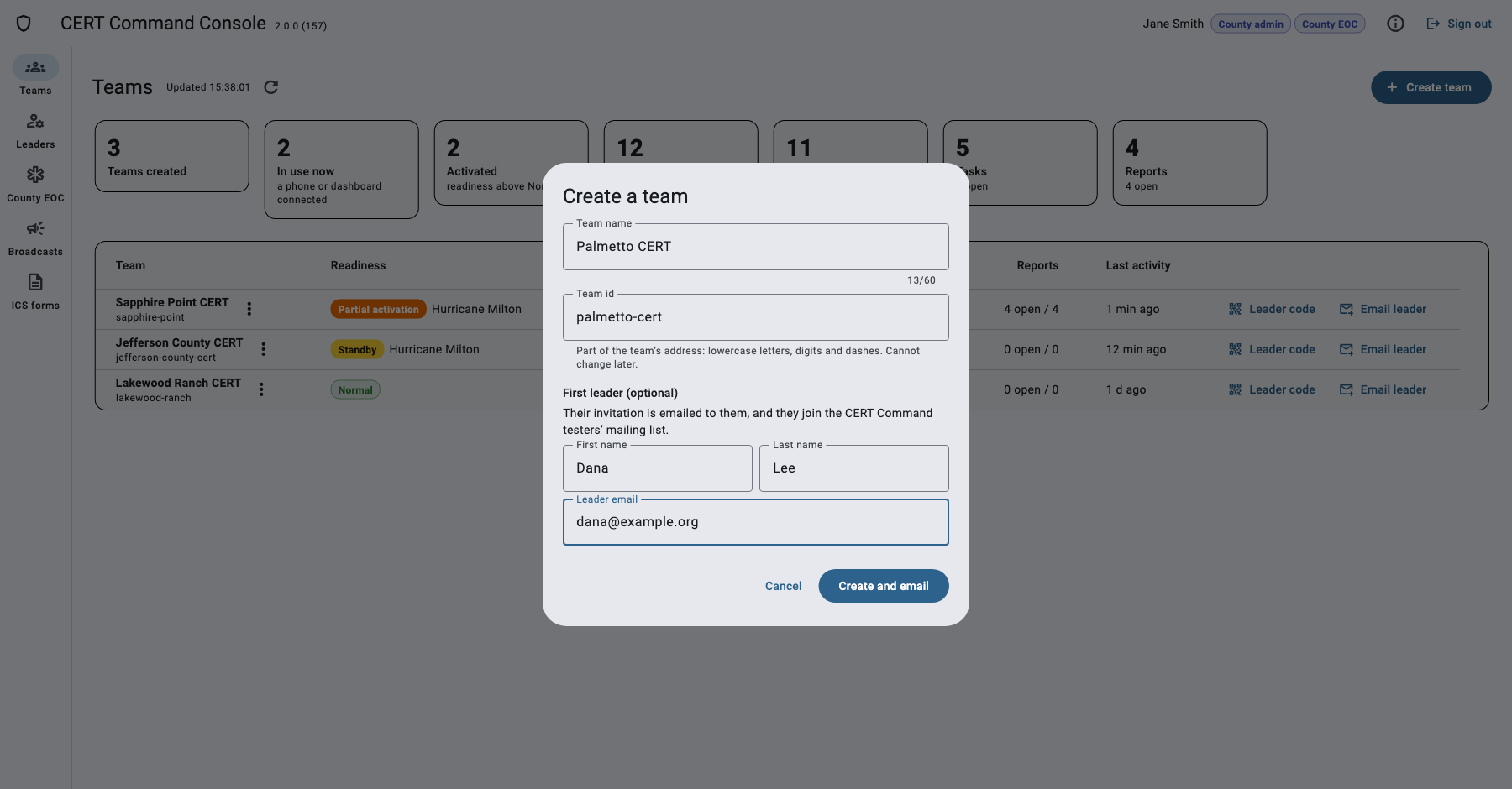 Create a team dialog