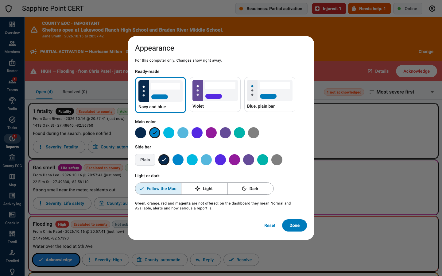 Appearance dialog with colors