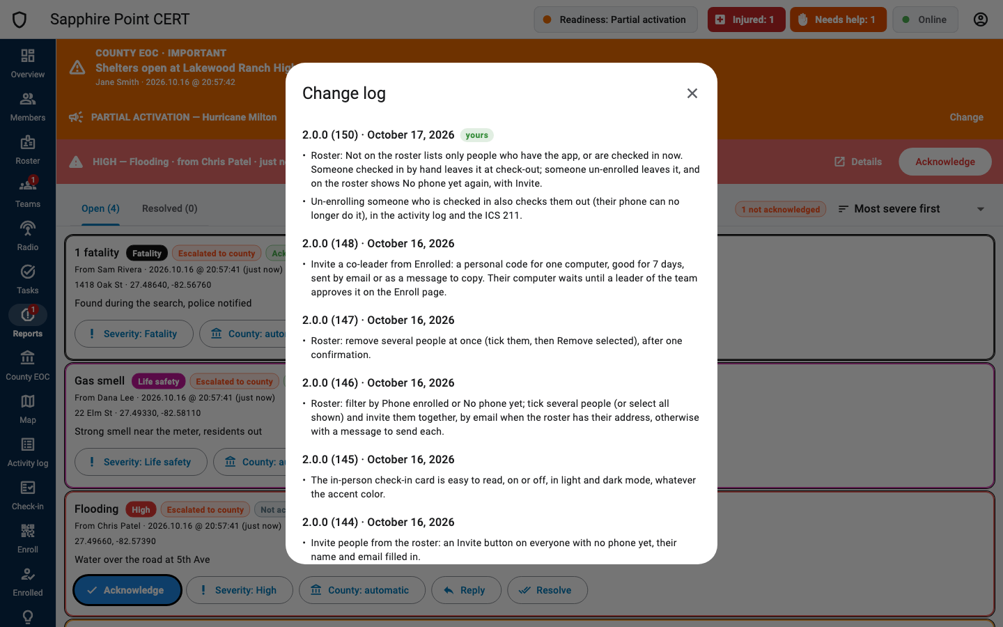 Change log in the dashboard