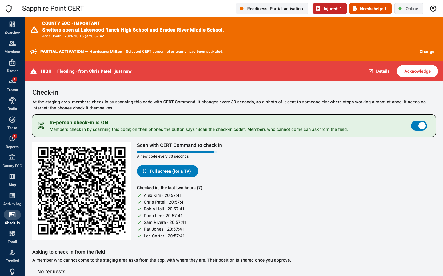 Check-in page with the rotating check-in code