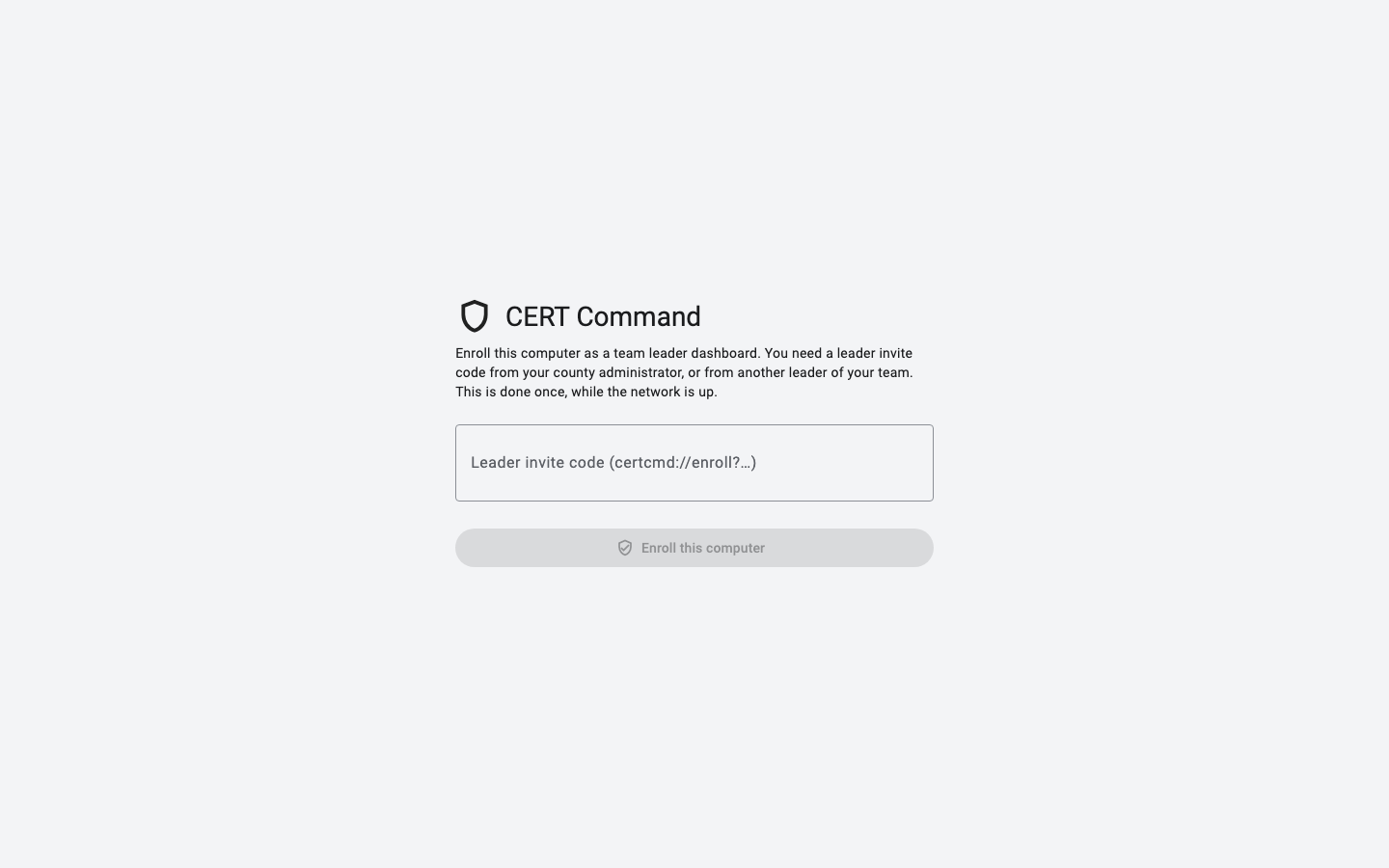Enroll page asking for the leader invite code