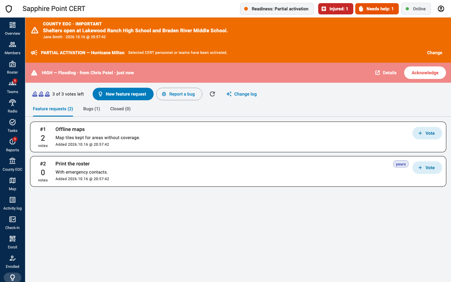 Feedback page in the dashboard
