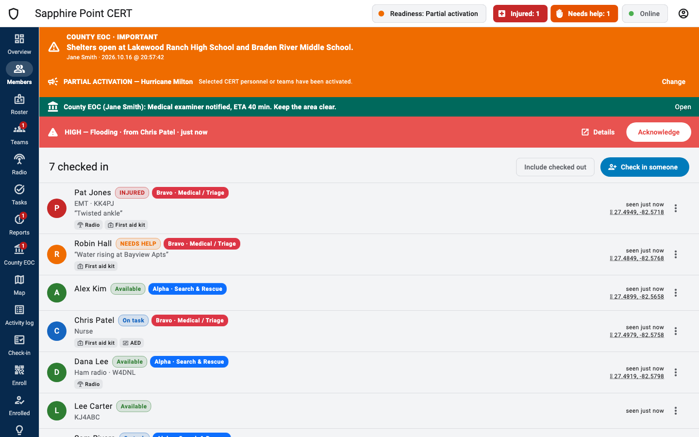 Members page with statuses, teams and equipment