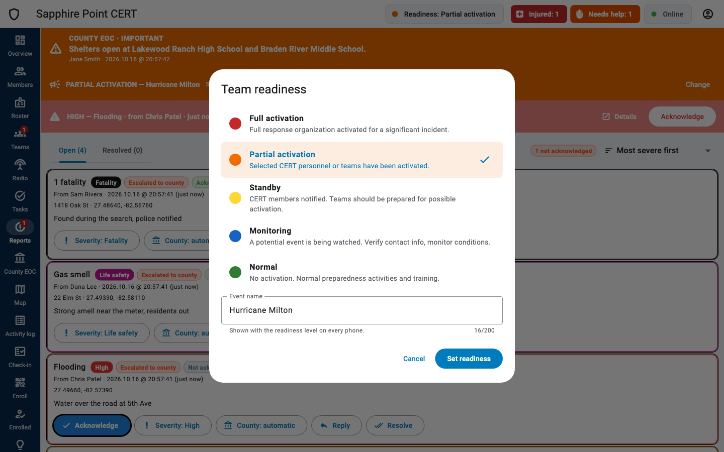 Team readiness dialog