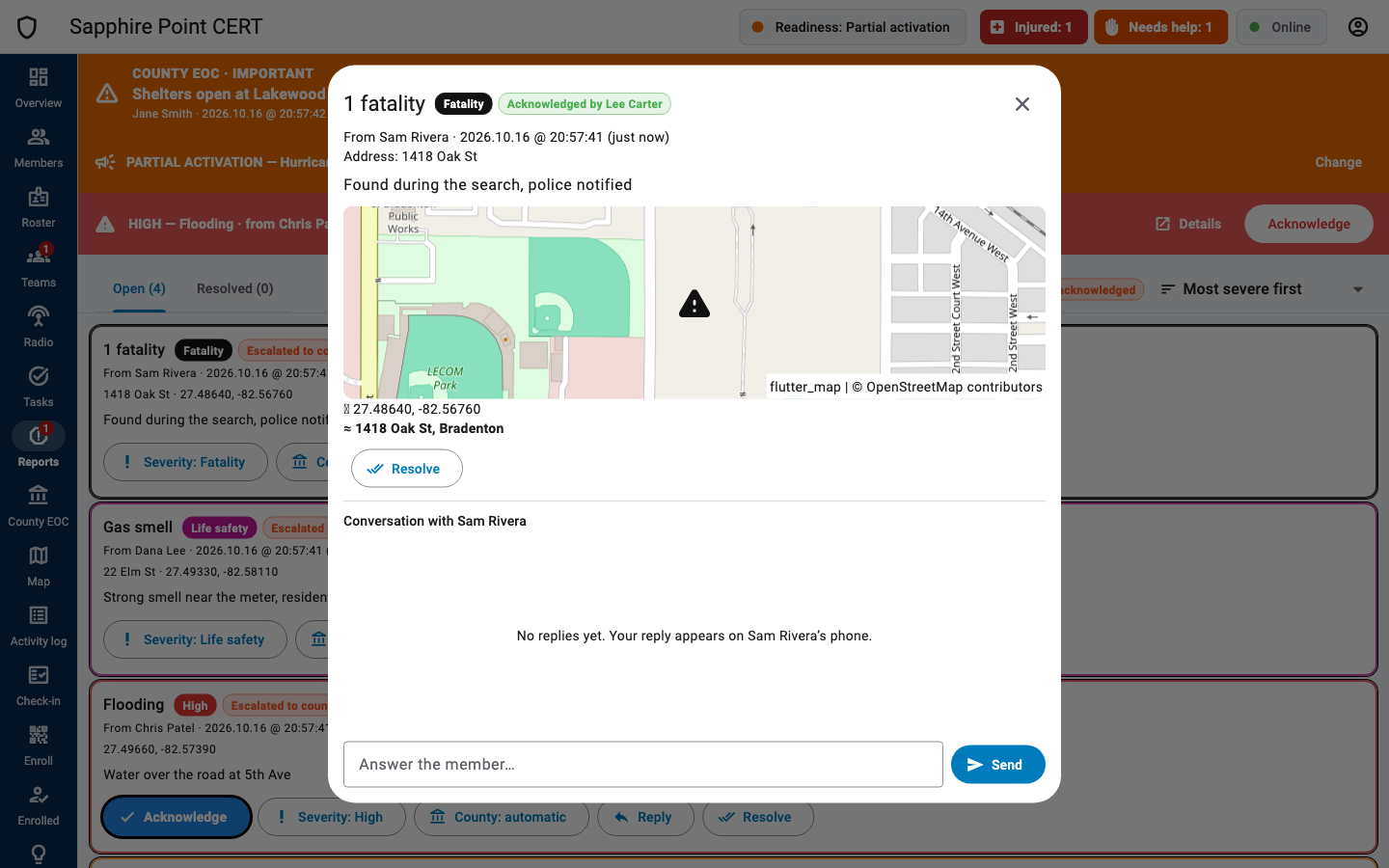 Report details with map and conversation