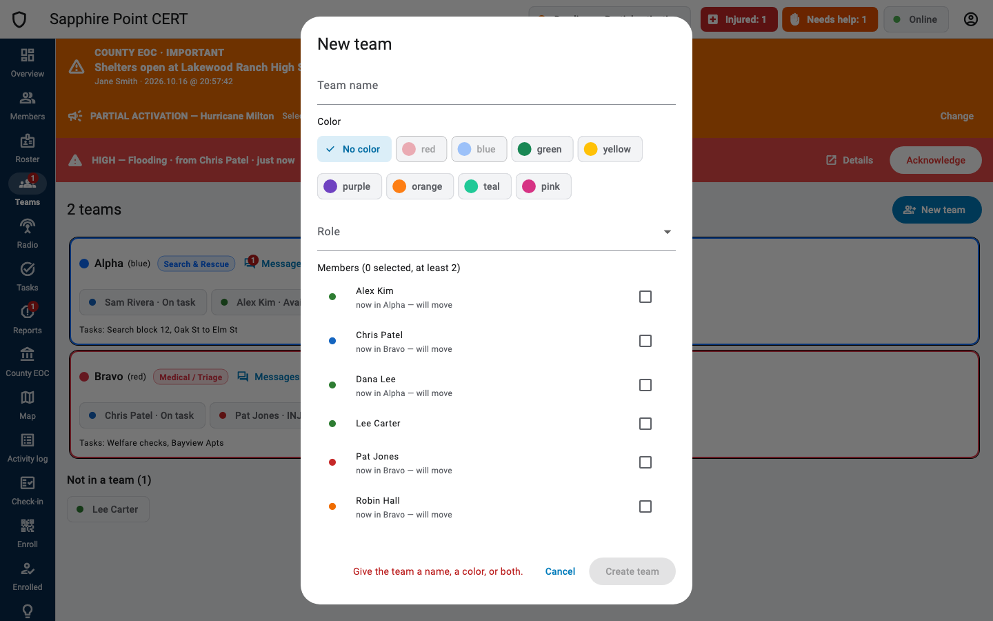 New team dialog