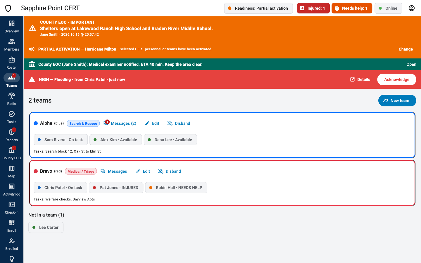 Teams page with two teams
