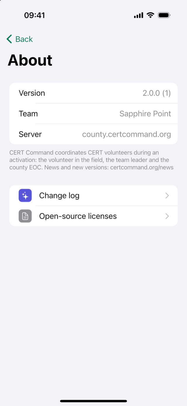 About page with version, team and server