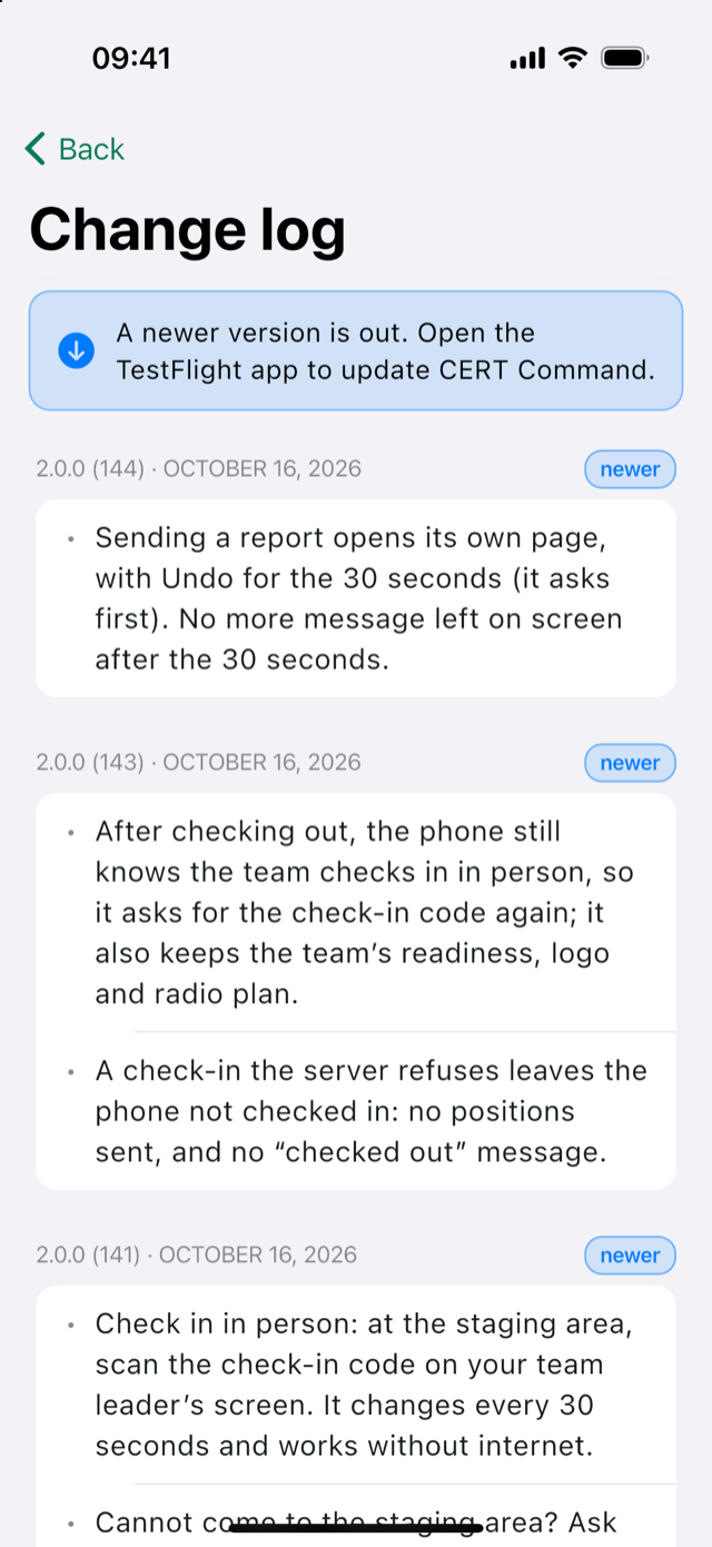 Change log with versions