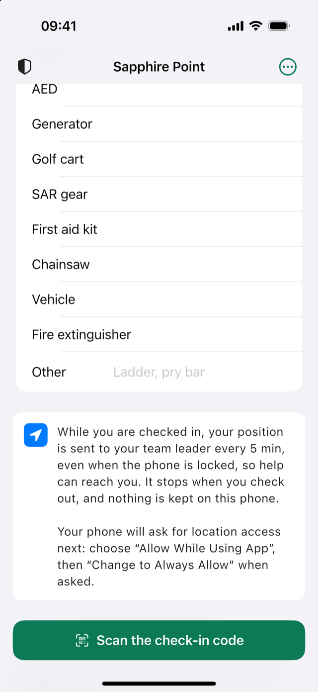 Bottom of the check-in screen with the location explanation