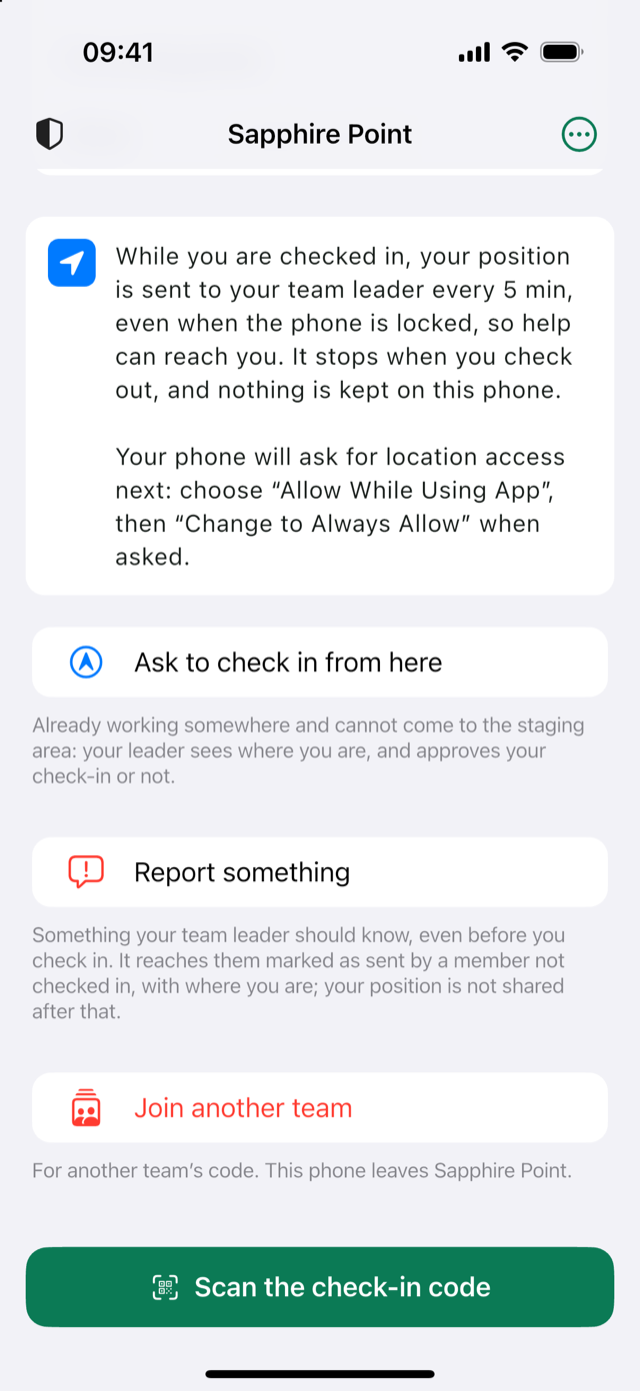 Bottom of the check-in screen: Ask to check in from here, and Report something