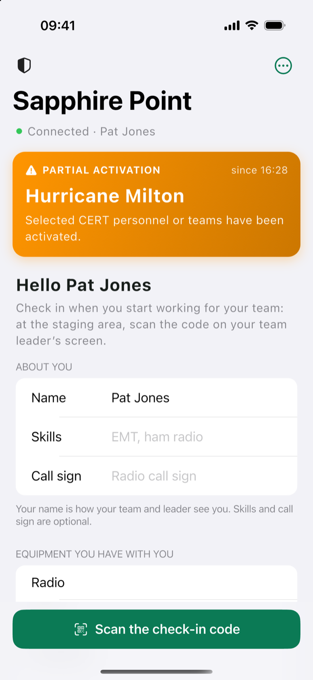 Check-in screen with name, skills and call sign