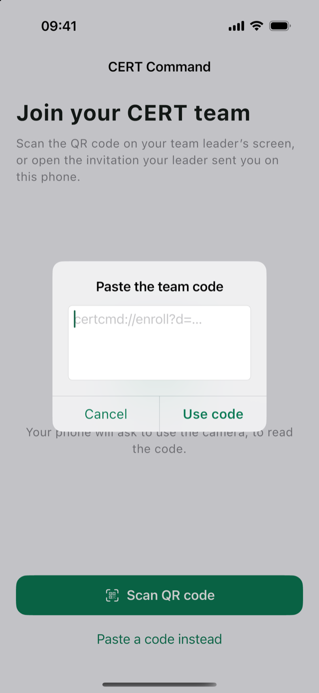 Paste the team code dialog