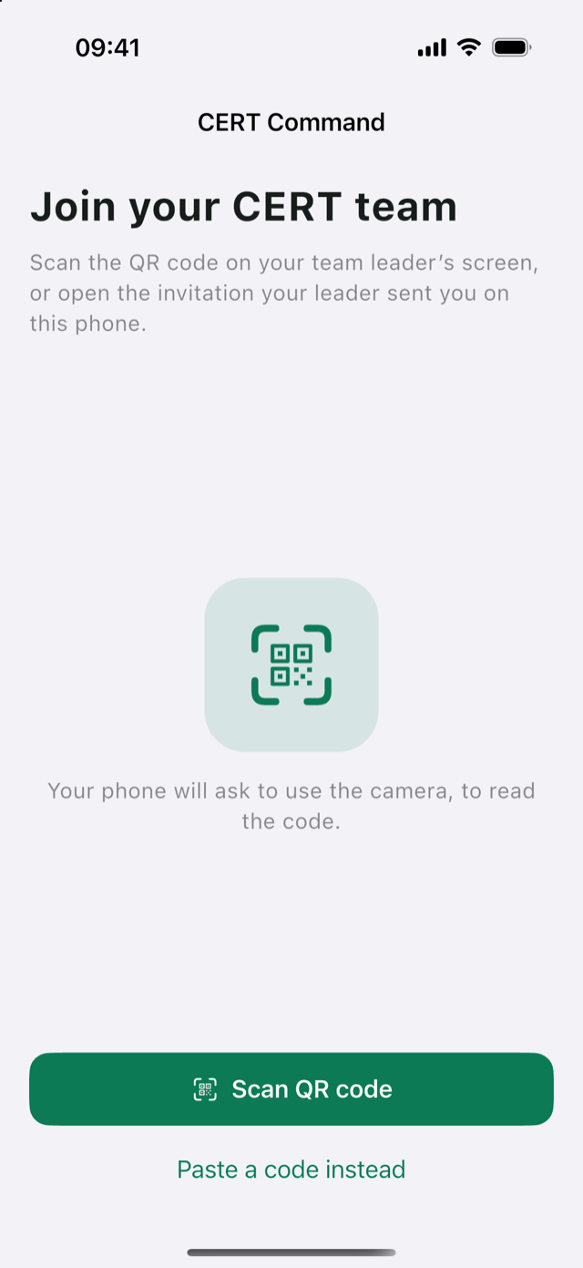 Join your CERT team screen with the Scan QR code button