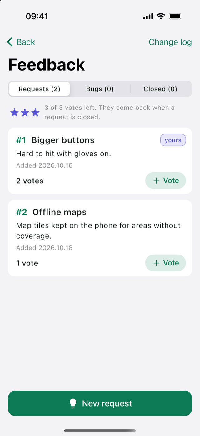 Feedback page with feature requests and votes
