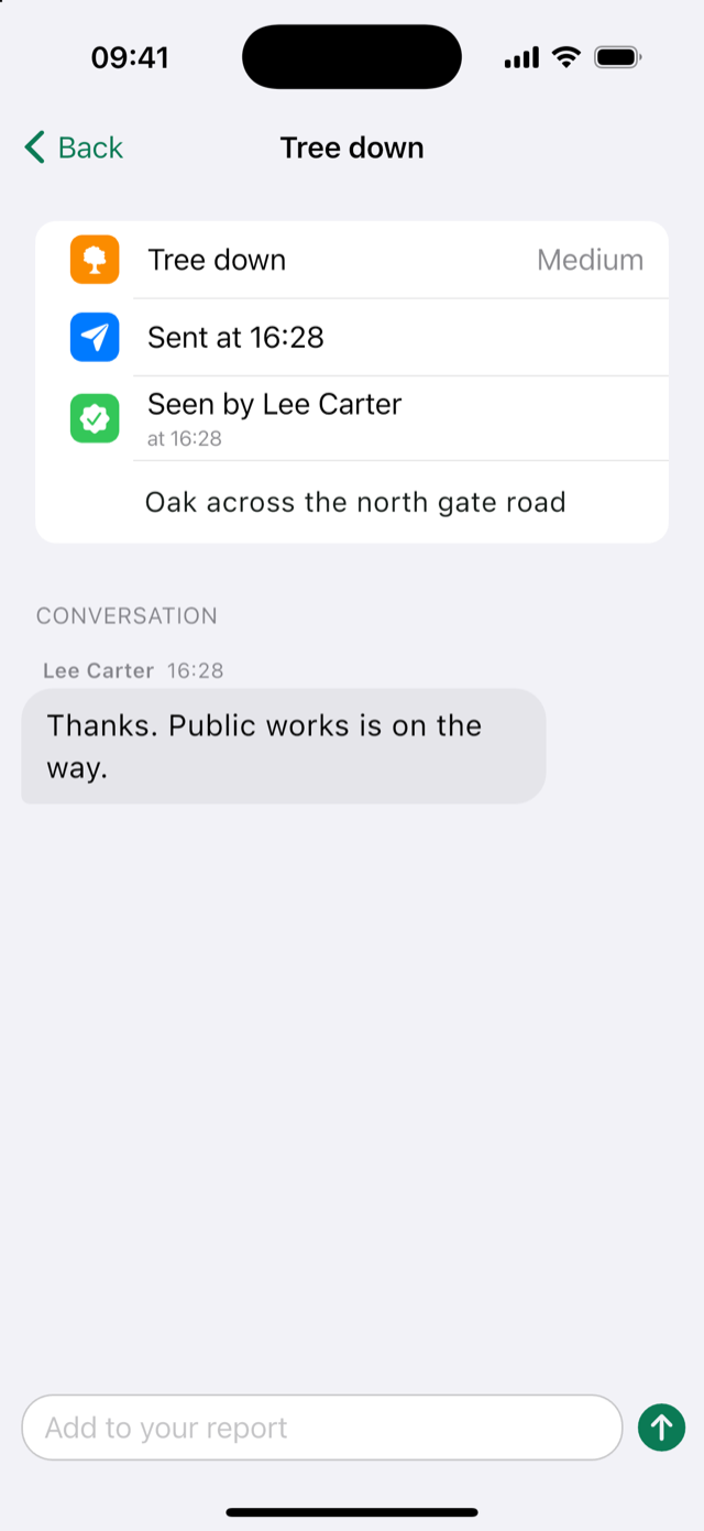 My report page with seen by and the conversation