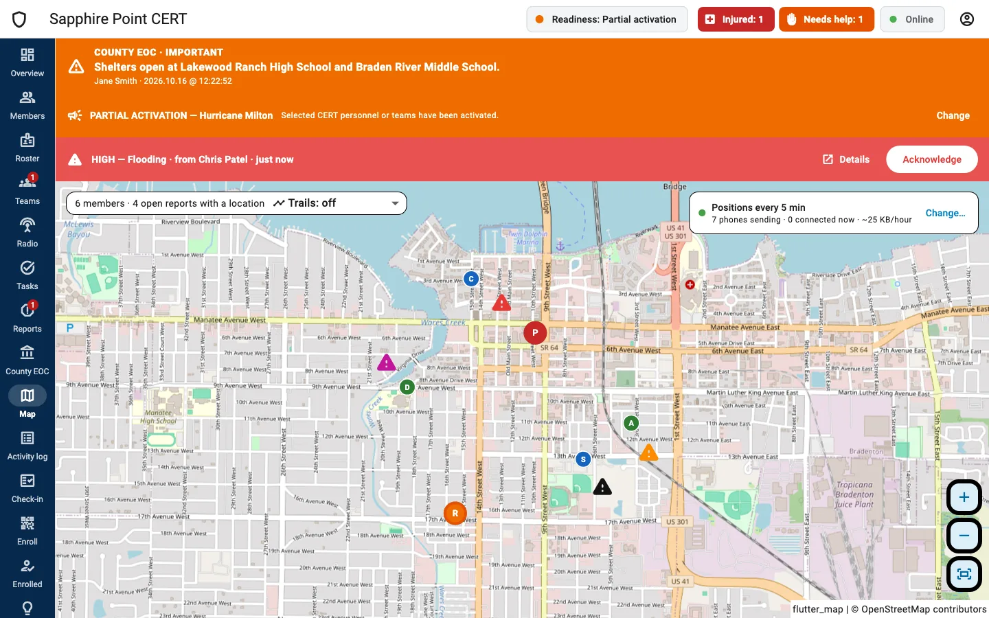 The team leader dashboard: a county broadcast, a flooding report, and every member and report on the map.