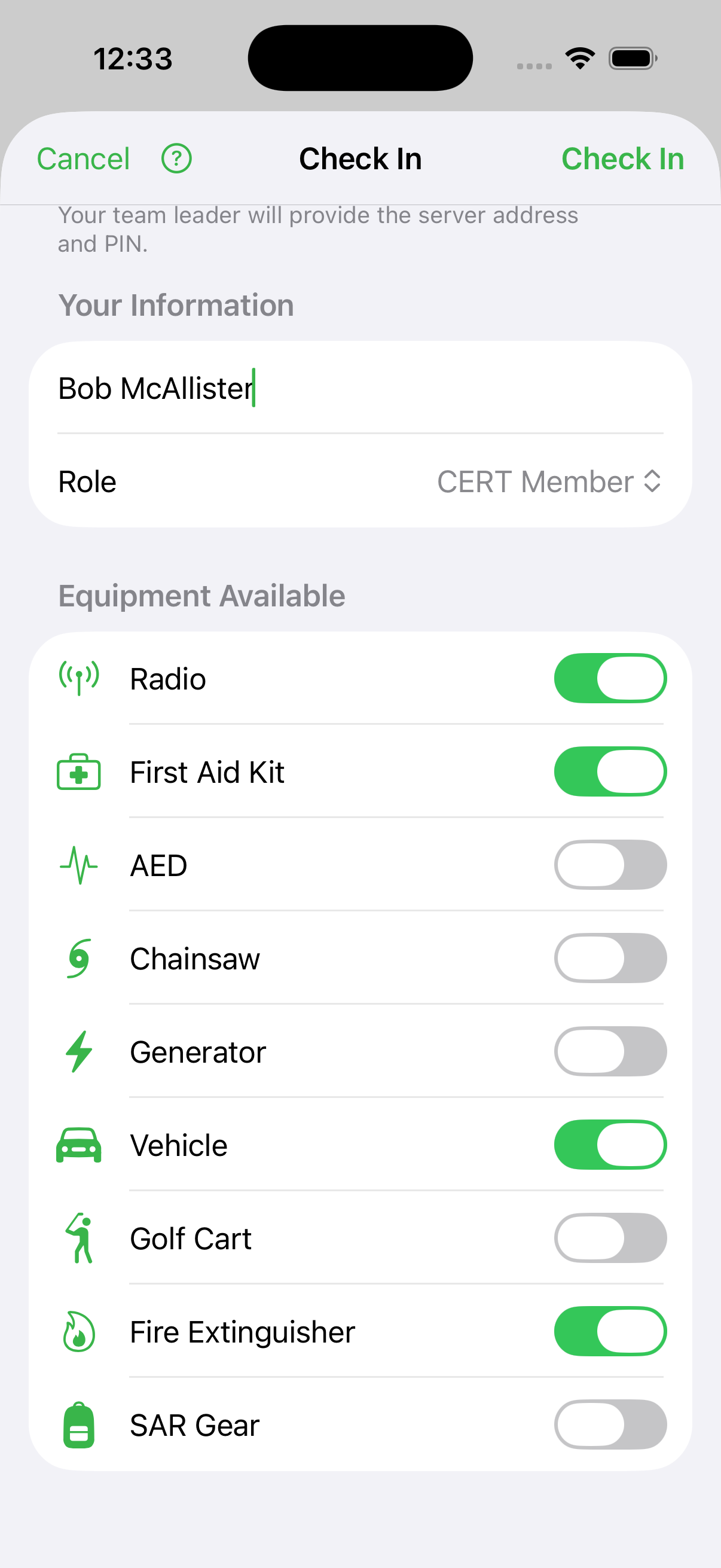 CERT Command check-in screen