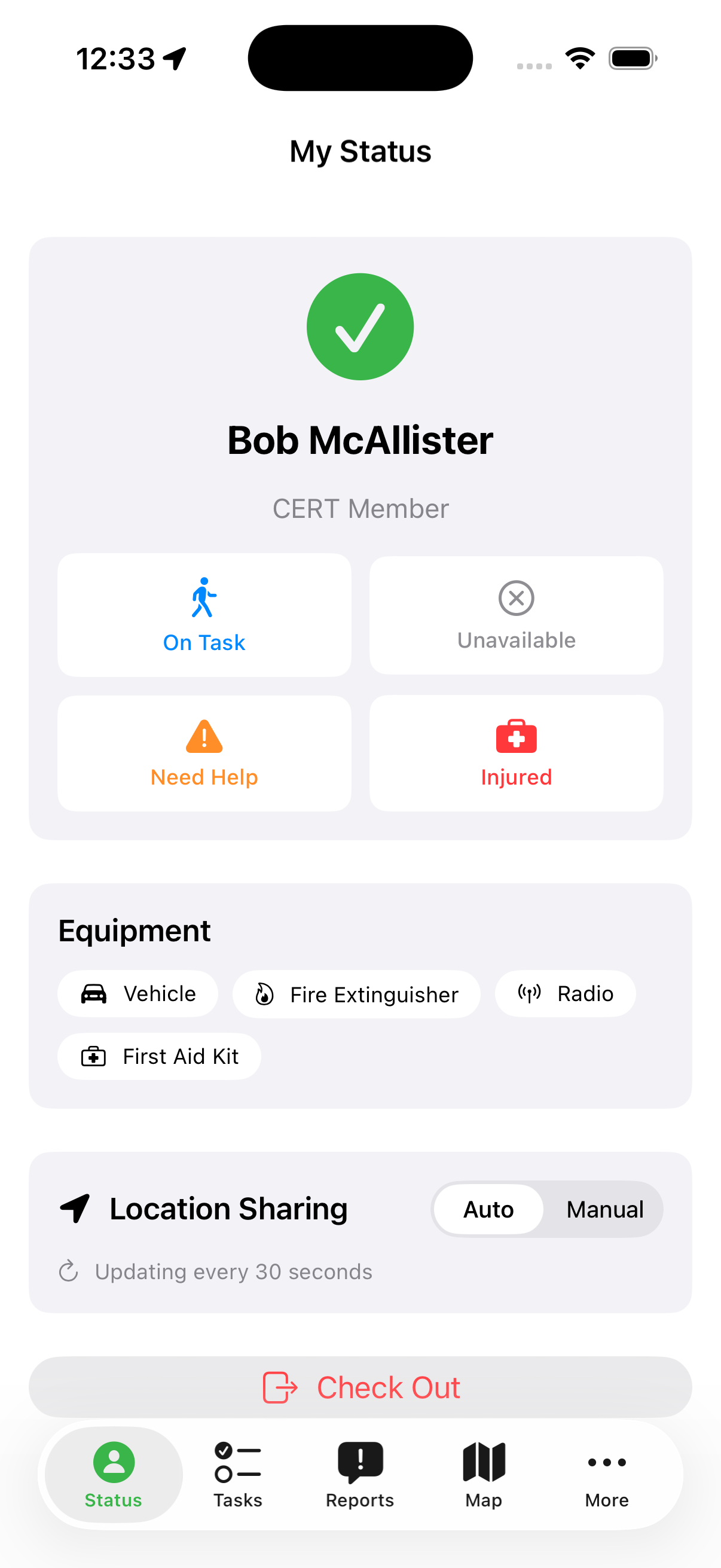CERT Command member status screen